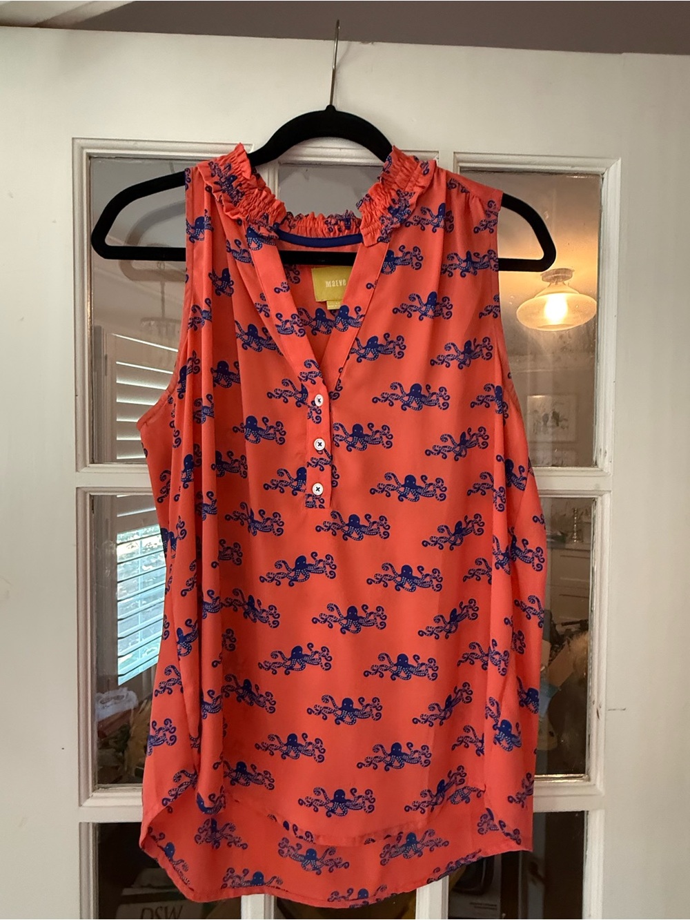 Maeve Coral Sleeveless Ruffle-Neck Camisole with Navy Print